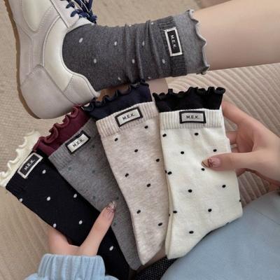 Womens Polka Dot Mid Crew Socks Ballet Style Delicate Lace Edging and Ruffle Trim Fashion Woven Label Simple Design Socks