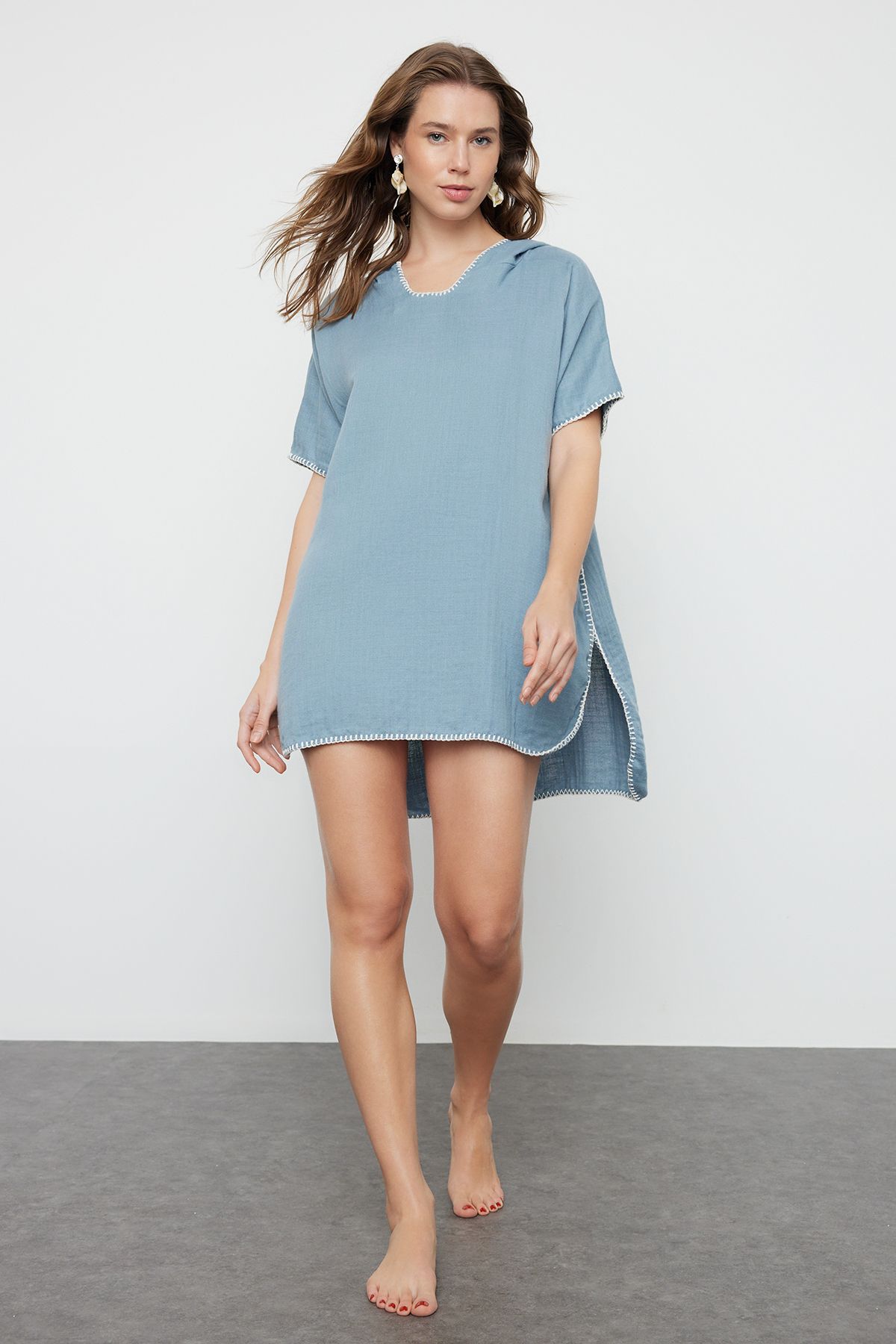 

Women s Style Dress Blue Wide Fit Mini Woven Embroidered Muslin Beach Dress M