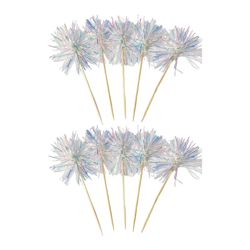 10Pcs Wooden Cake Decorations Colorful Tinsel Cake Insert Sticks Embellishments For Birthday Wedding Anniversary Party