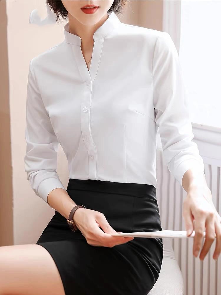Women's Black Slim-Fit Professional Long-Sleeve Stand-Up Collar Shirt - New 2026 Business Formal Wear