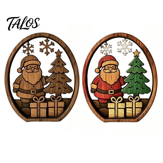 Boxwood Christmas Ornaments 3Pcs Santa Claus And Tree Ornaments, Wooden Oval Table Rustic Xmas Tabletop Decor Centerpiece, Solid Wood Desktop Ornament