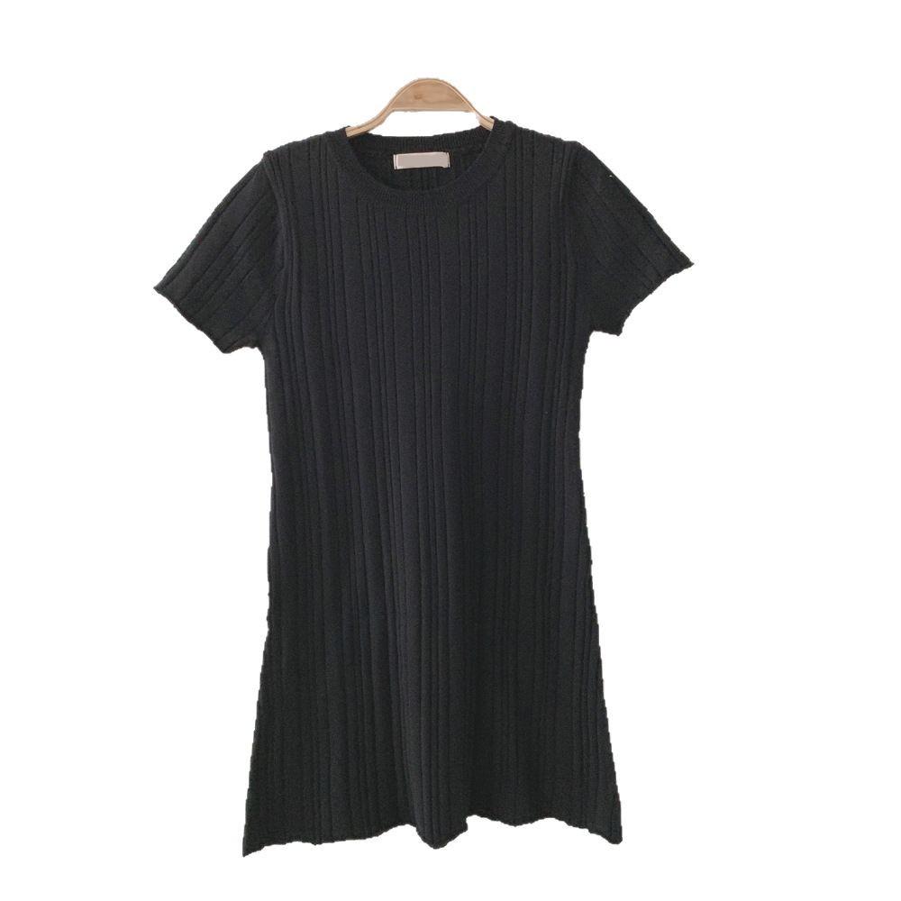 Korean Chic Ribbed Ice Silk Slim Fit Bodycon Knit Dress - Women's Short Sleeve, Round Neck