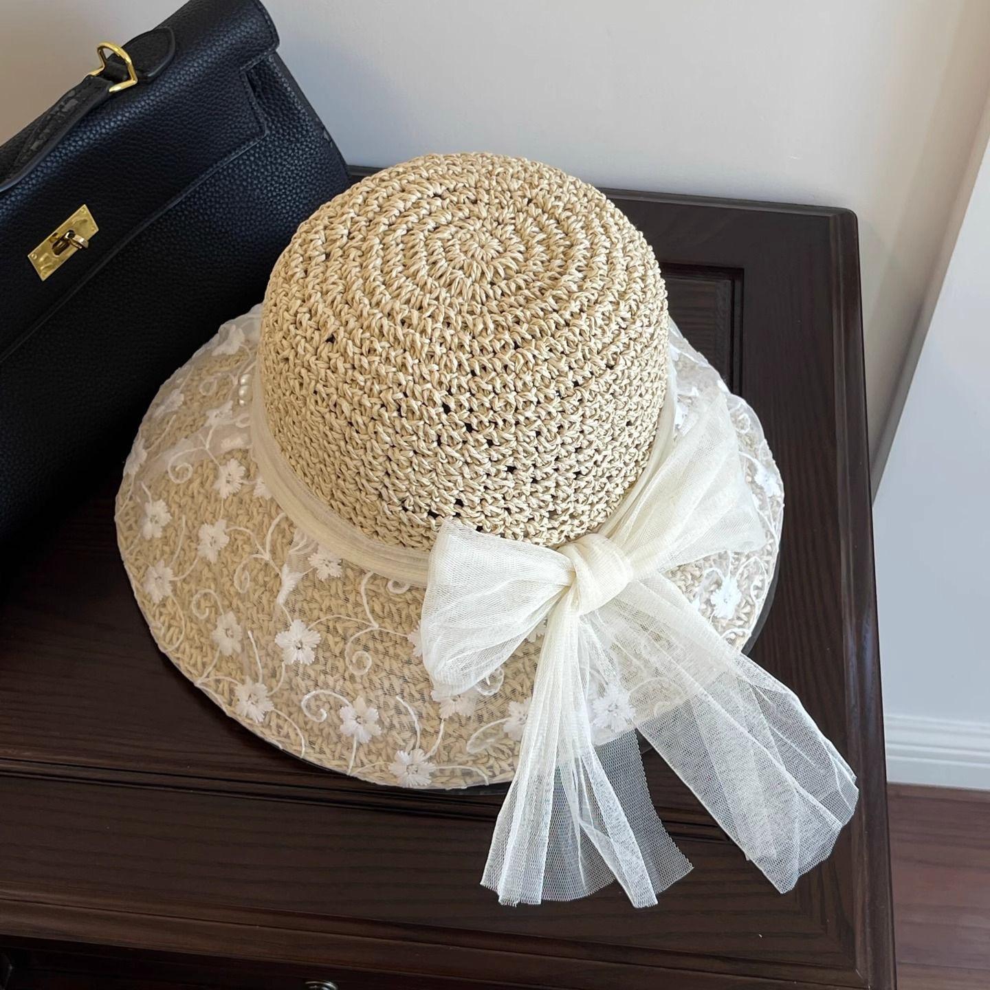 

Women s French Lace Pearl Hollow Grass Sun Hat Spring Summer Floral Beach Vacation Sunshade Hat Adult 56-58cm off білий колір