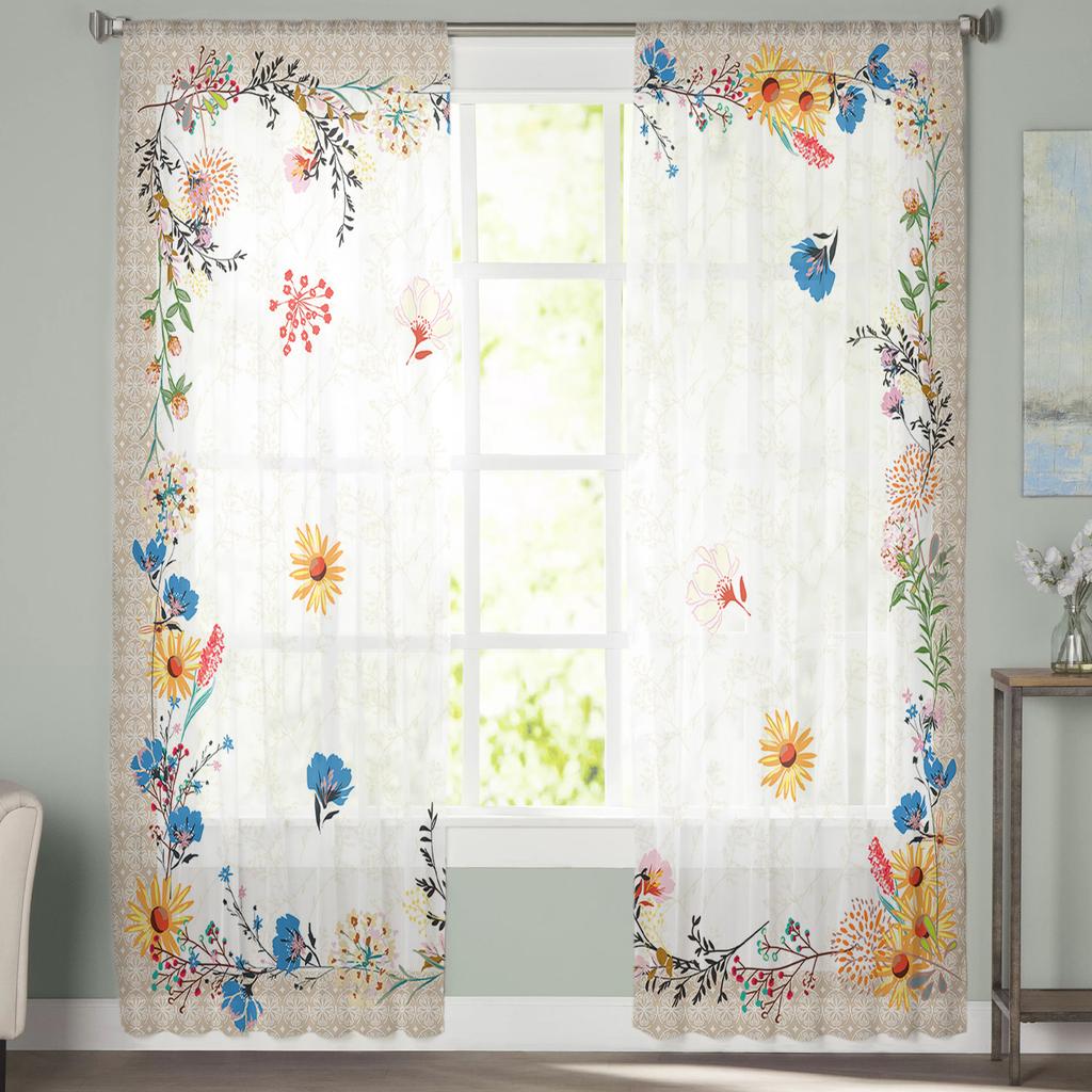 Herbal Flowers Spring Floral Sheer Voile Curtains For Living Room Bedroom Kitchen Festival Decor Chiffon Tulle Window Curtains