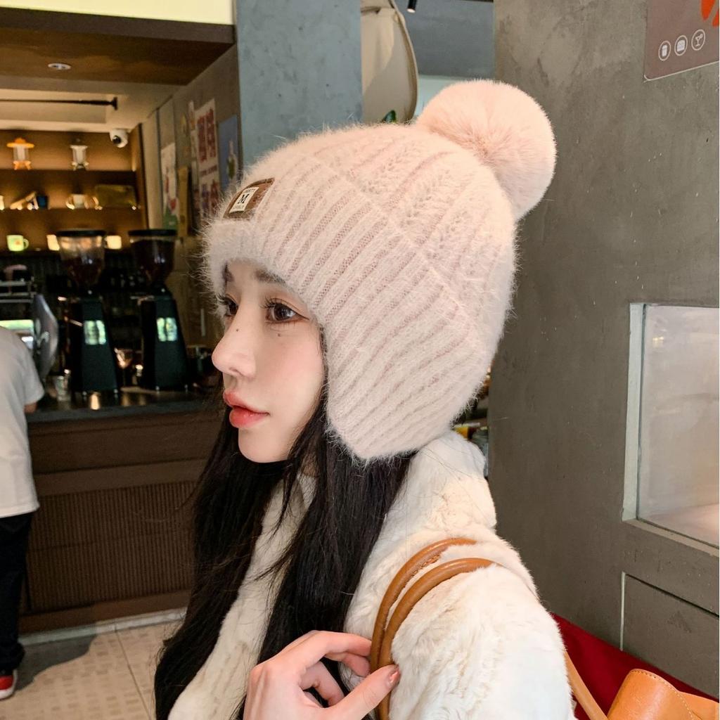 New Autumn and Winter Plush Warm Knitted Hat for Women Sweet Plush Ear Protection Cold-proof Wool Hat Korean Style Student