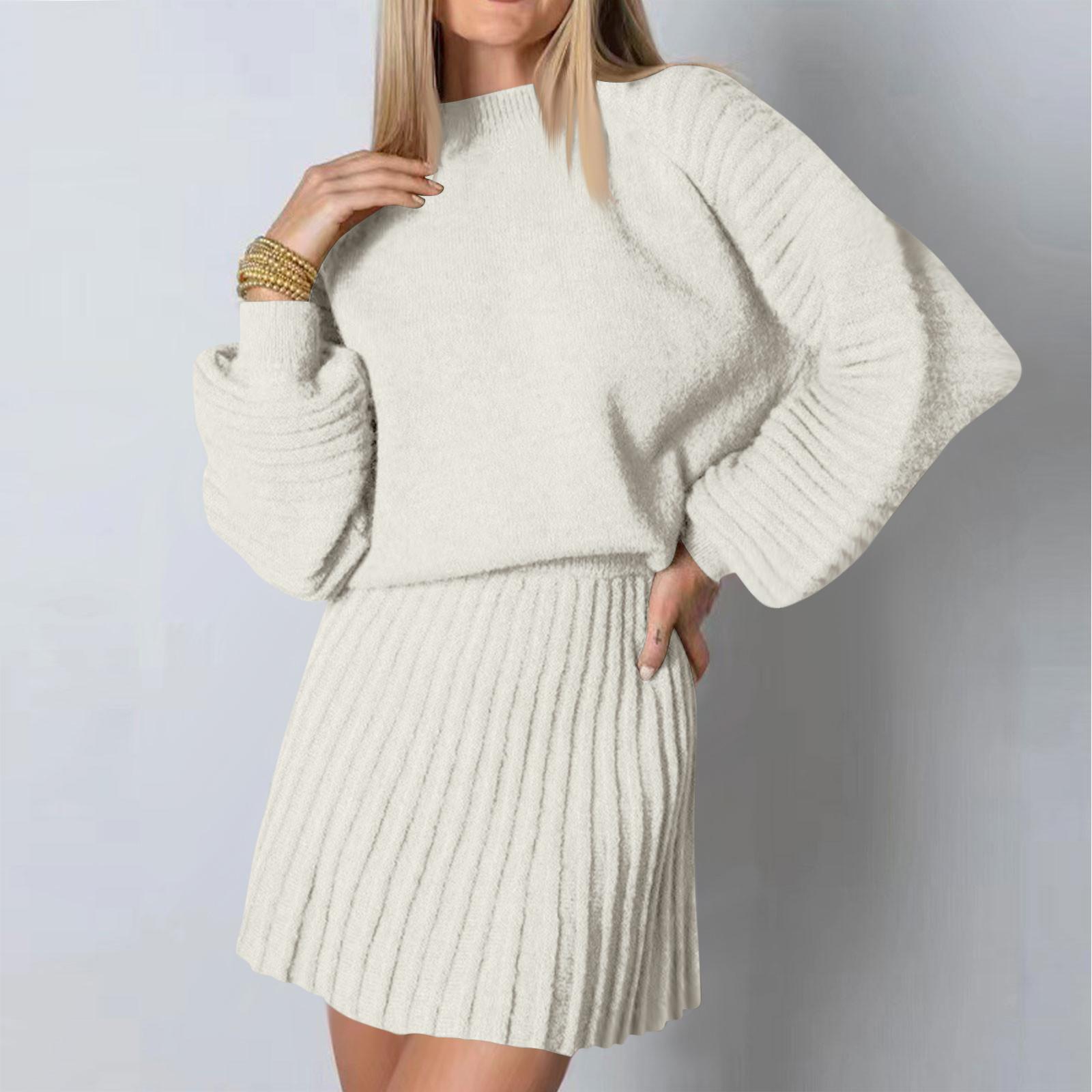 

Women s Pleated Knit Skirt Set 2 Piece Knit Outfits Long Sleeve Top Pleated Skirt Set Sweater Sweatsuit Fall Winter Outfits L бежевий