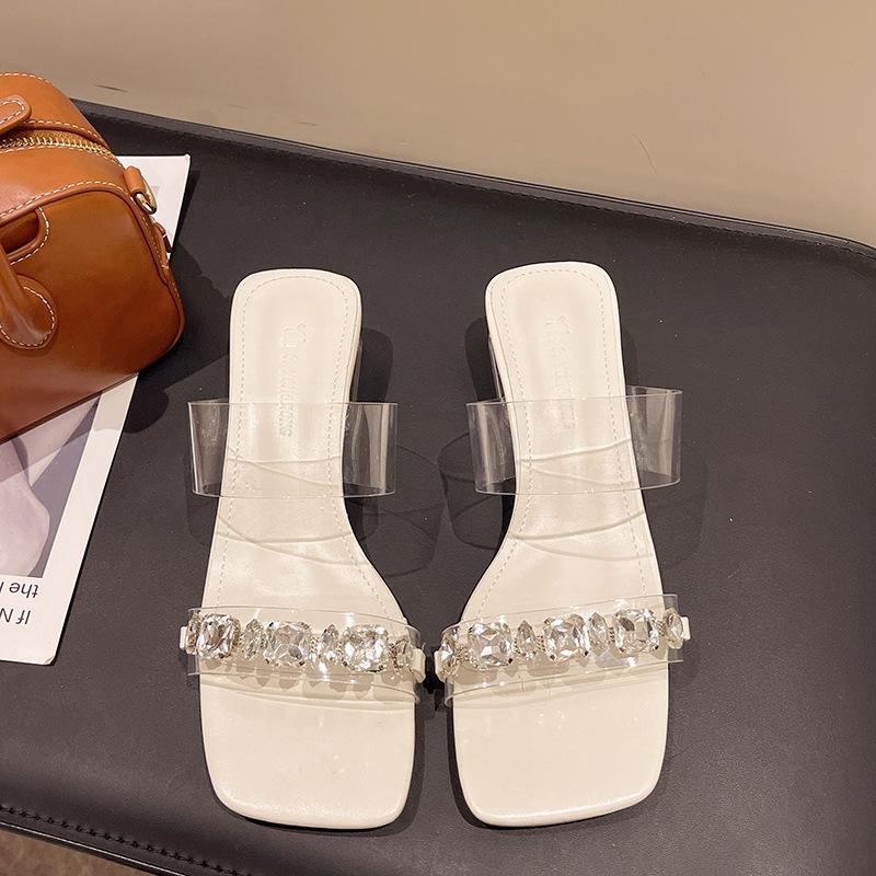 Fairy Feng Shui Diamond Slippers Female Summer Wear Fashion High Sense Transparent Word with Medium Heel Thick Heel Crystal Sandals