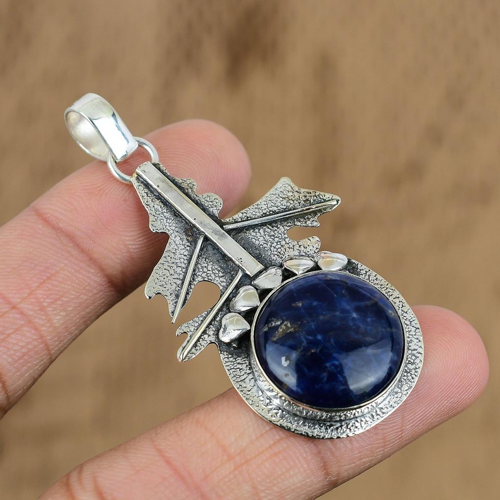 Natural Sodalite Gemstone Indian Jewelry 925 Sterling Silver Pendant For Women