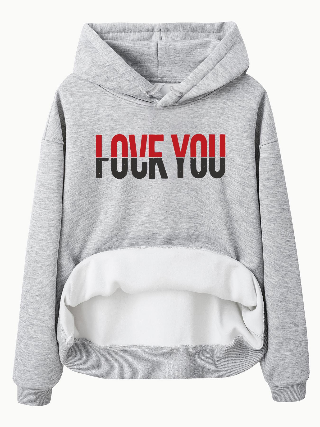 

Женская толстовка с капюшоном «кенгуру» в европейском и американском стиле — длинный рукав, бархат, принт с надписью, сезон осень/зима L серый