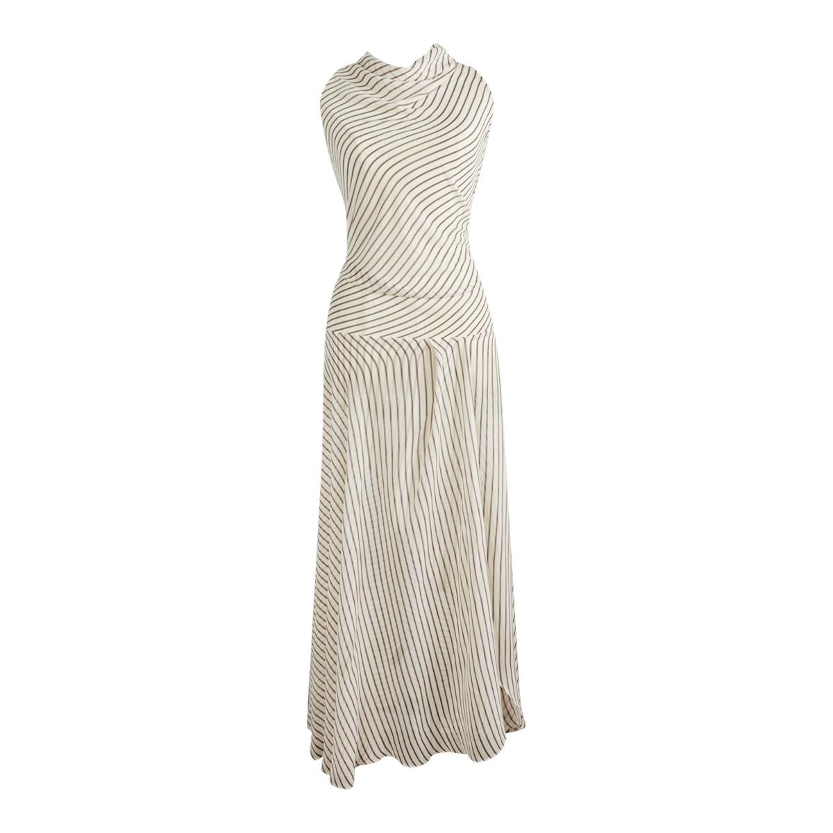 French Chic Striped Cowl Neck Maxi Dress – Sleeveless High Waist A-Line Summer Long Dress for Women S бежевый