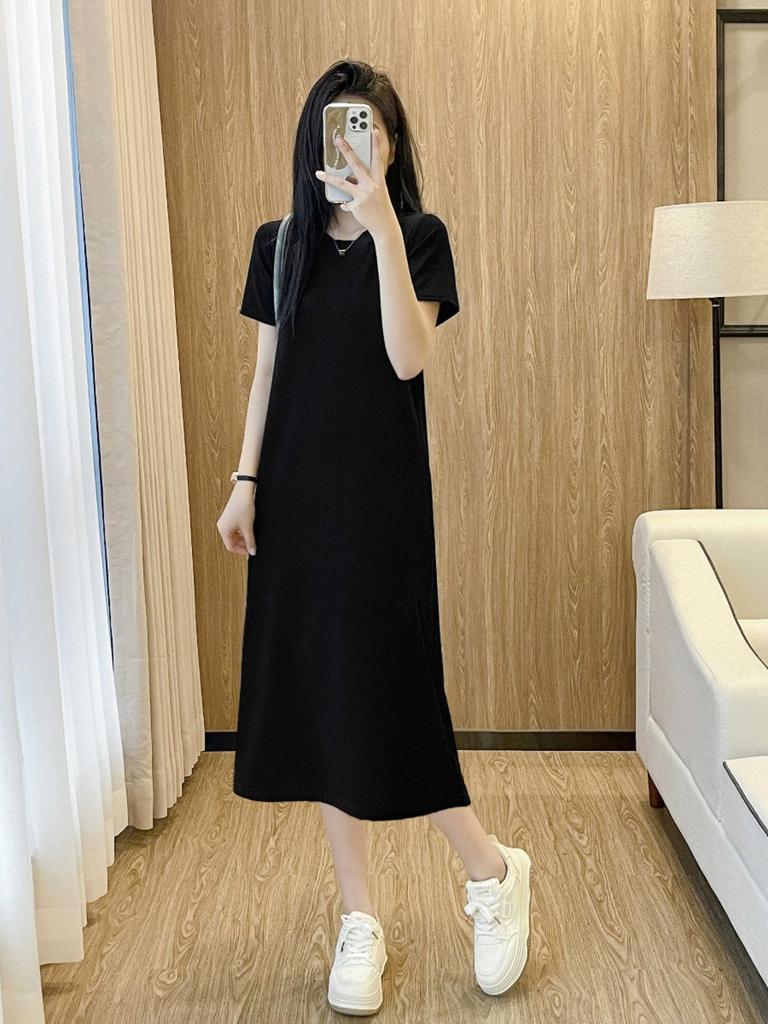 Hepburn Style Black Summer Short Sleeve T-Shirt Dress with Long Skirt for Women
