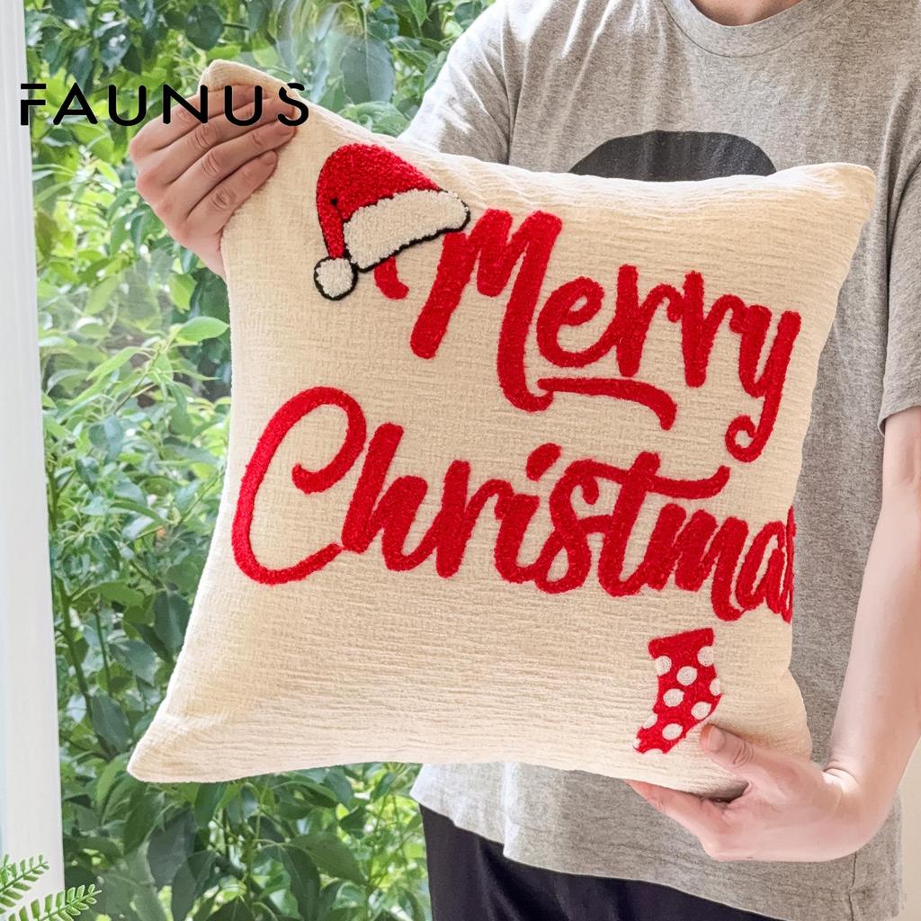 Christmas Embroidery Candy Cane & Santa Hat Tufted Throw Pillow Cover