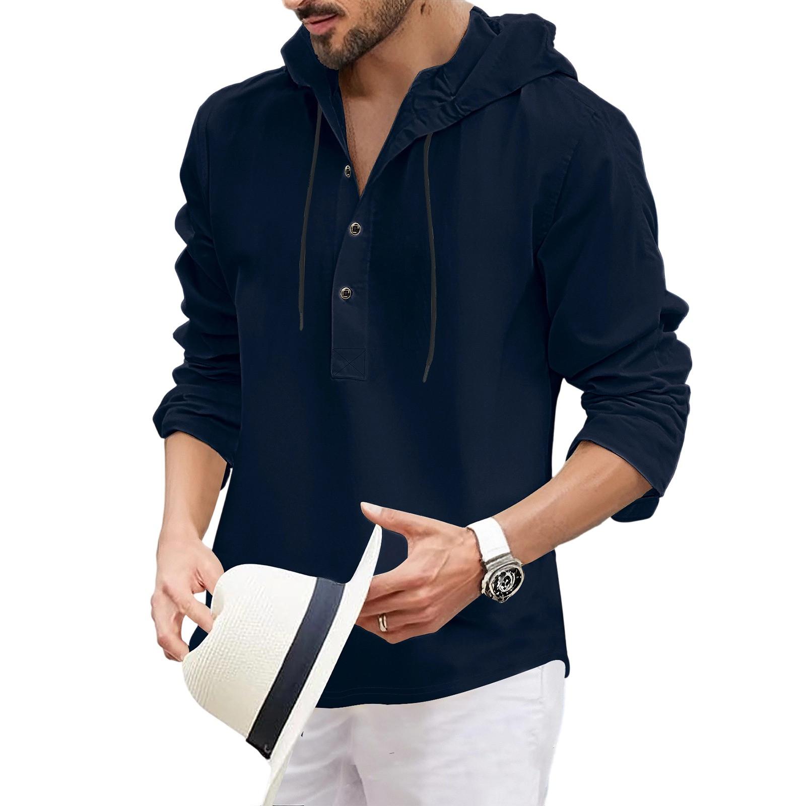 

Мужская футболка с капюшоном на пуговицах, свободная повседневная толстовка с длинными рукавами и капюшоном XL тёмно-синий