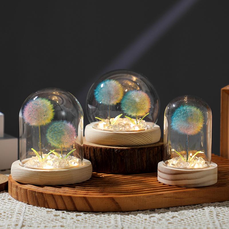 Luminous Dandelion Preserved Flower Bouquet Night Light in Glass Dome - Birthday Gift for Girls or Girlfriend