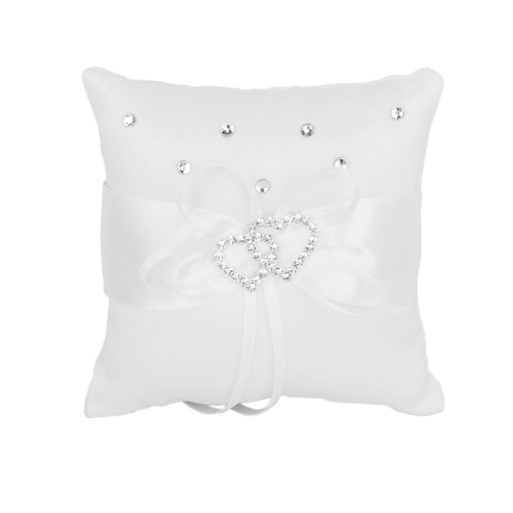Satin Pocket Ring Pillow Double Heart Crystal Rhinestone Cushion Wedding Party Anniversary Supplies