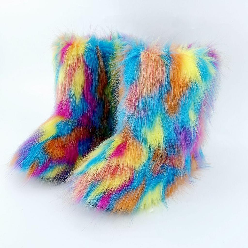 Vintage-Inspired Women's Fuzzy Boots | Brown & Black Faux Fur, Retro Trendy Warm Winter Ankle Footwear