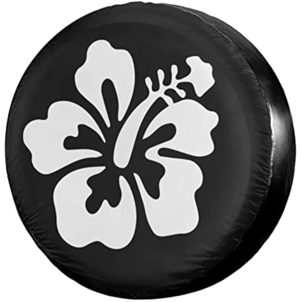 White Hibiscus Flower Tire Cover Black Vinyl Dust-Proof Spare Wheel Protector for SUV RV Trailer