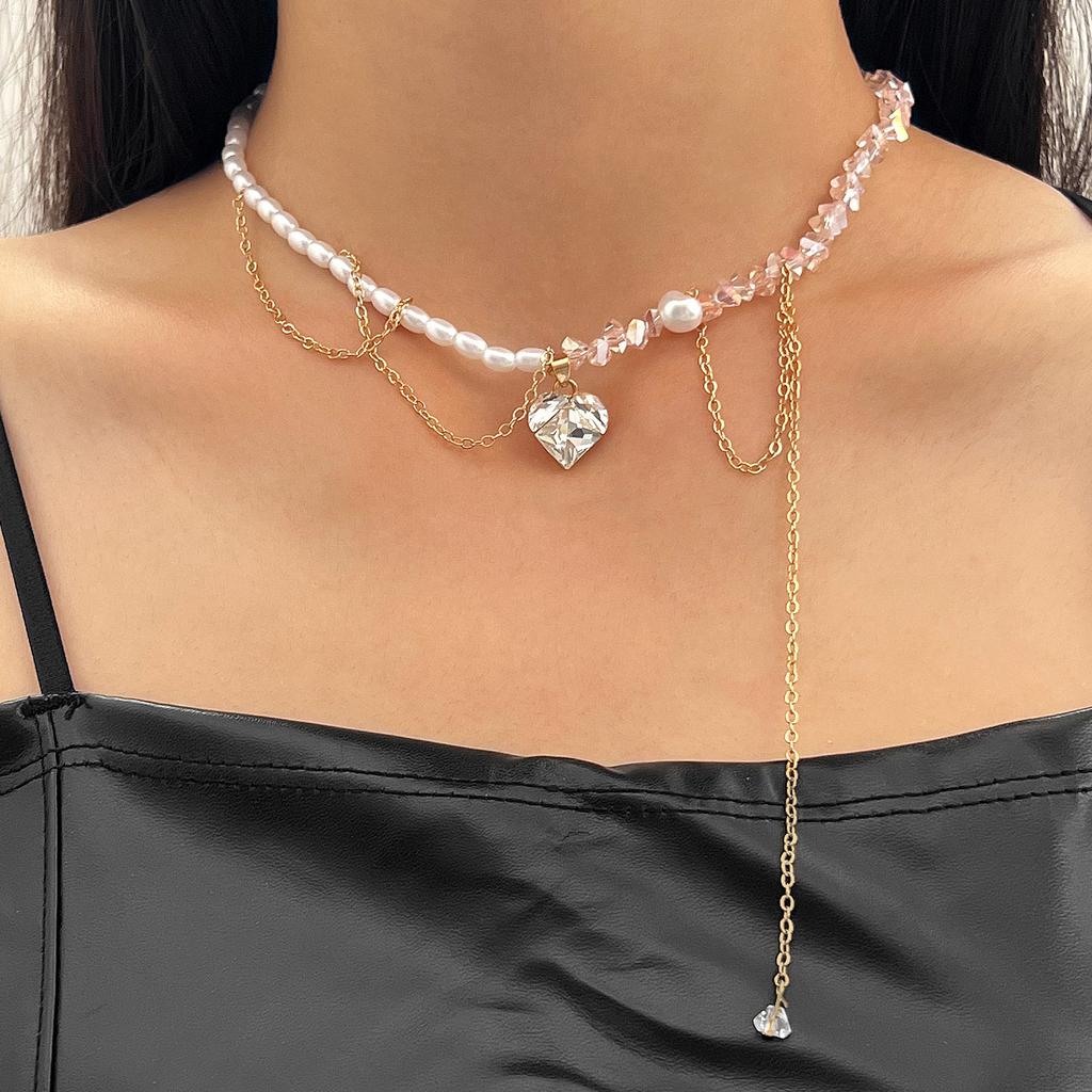 Sweet Cool Spice Style Hip Hop Heart Shape Necklace Light Luxury High Love Zircon Crystal Necklace Neck Chain