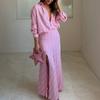 2026 Womens Elegant Striped Collar Shirt Split Hem Maxi Skirt Set - Lightweight Comfortable Office Casual Ensemble