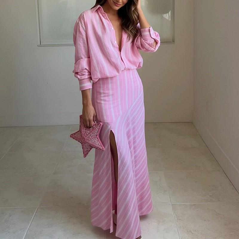 2026 Womens Elegant Striped Collar Shirt Split Hem Maxi Skirt Set - Lightweight Comfortable Office Casual Ensemble
