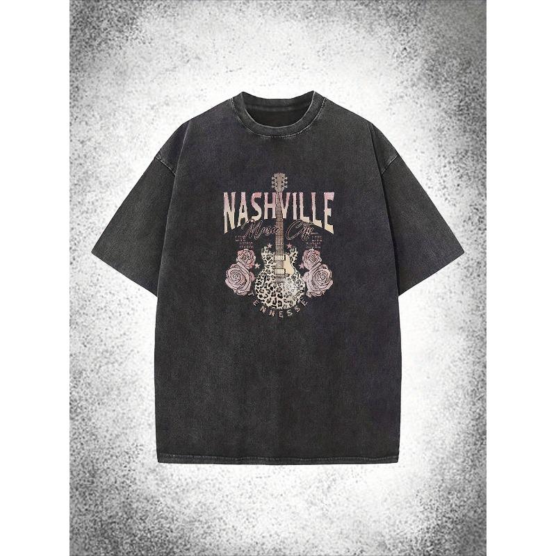 

European Size Men s Heavyweight Vintage Nashville Music City T-Shirt - Soft Washed Distressed Retro Tee with Iconic, Loose Fit Round Neck Short Sleeve S чёрный