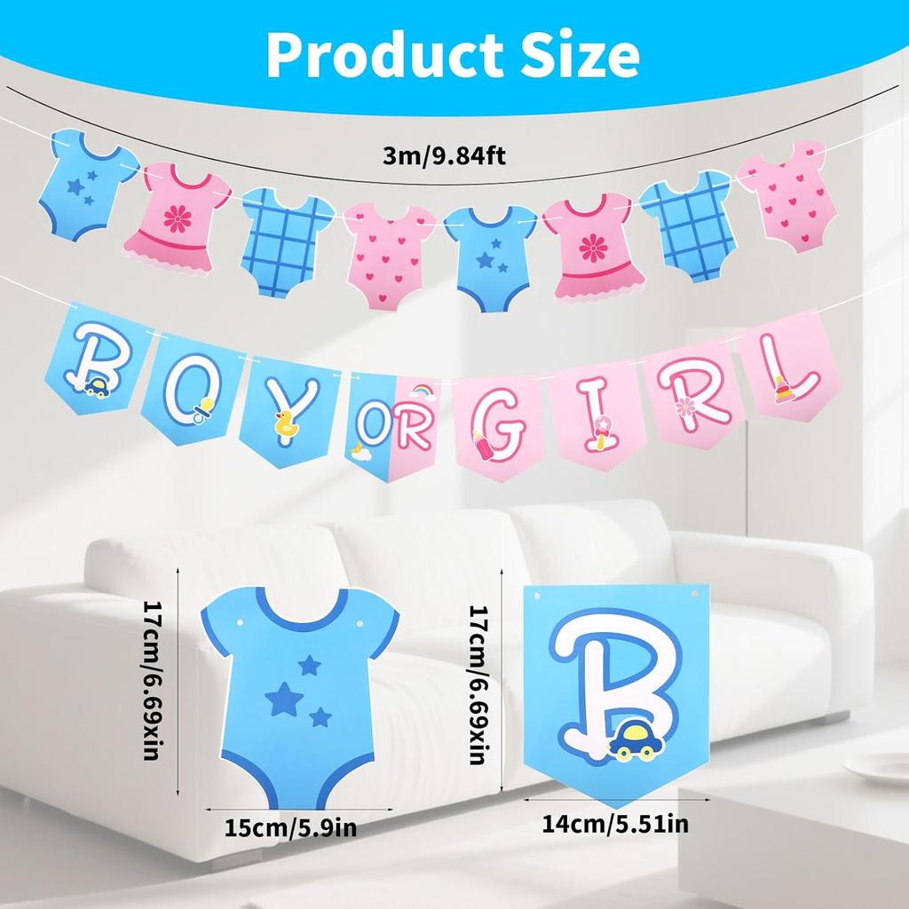 Boy or Girl Banner, Pre-Strung Neutral Gender Reveal Decorations Paper Baby Shower Garland with Blue & Pink Bodysuit Clothesline Decor for Pregnancy