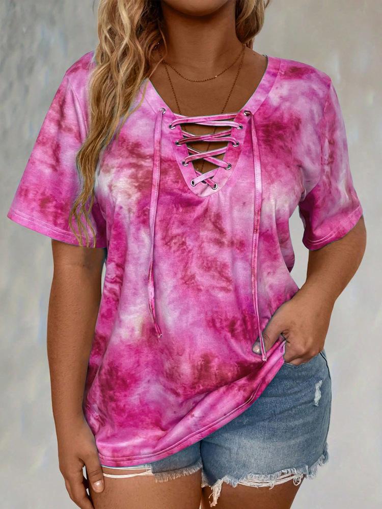 Top Casual da Donna a Manica Corta Tie Dye con Lacci e Scollo a V Taglie Forti