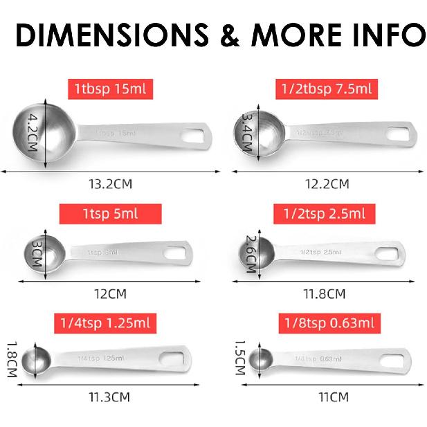 

Heavy Duty 18/8 Stainless Steel Measuring Spoons Set of 6, Metal Kitchen Gadgets for Baking & Cooking
