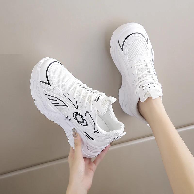 fashion 2024 New Round Toe Thick-soled Mesh Breathable and Heightening Dad Shoes Comfortable Women's Sports Shoes Fashionable