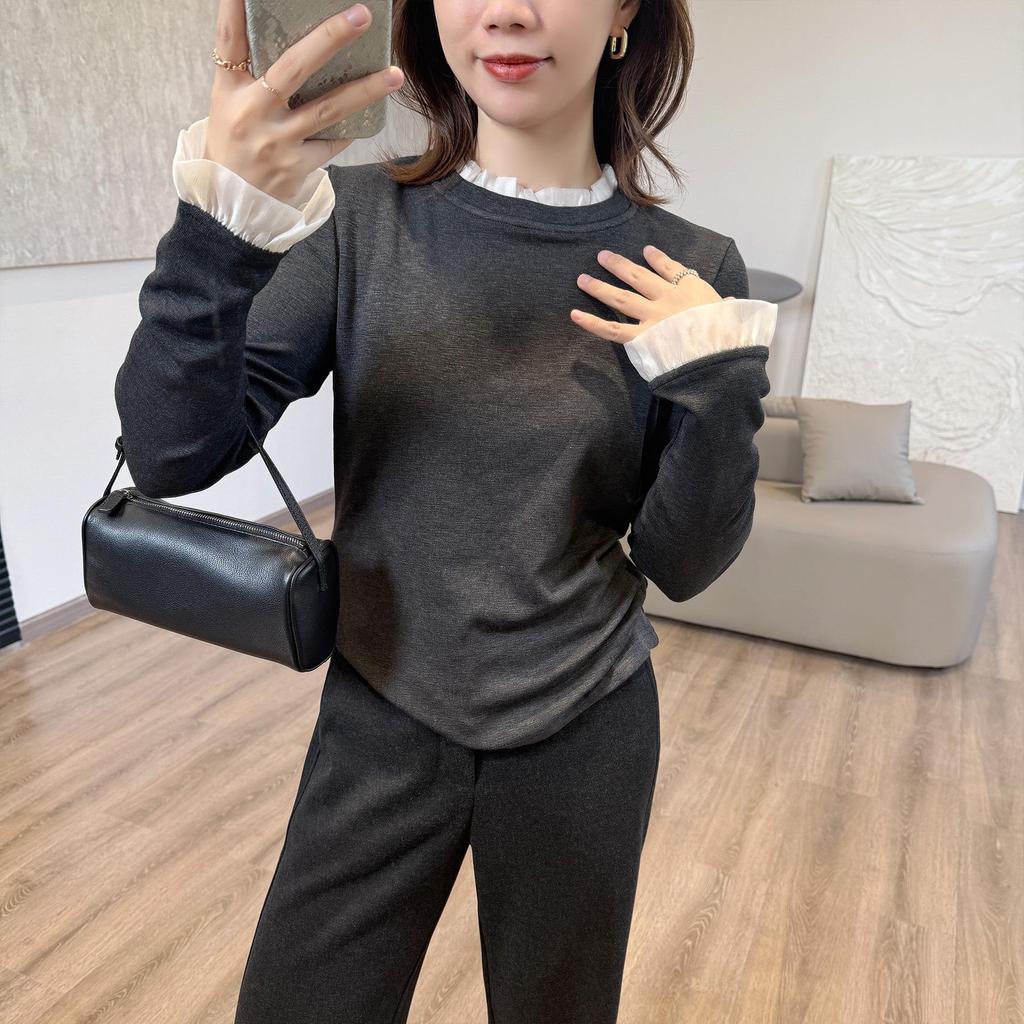 Women's Ribbed Velvet Patchwork Base Layer: Autumn/Winter Long Sleeve T-Shirt with Half-High Neck, 270g.