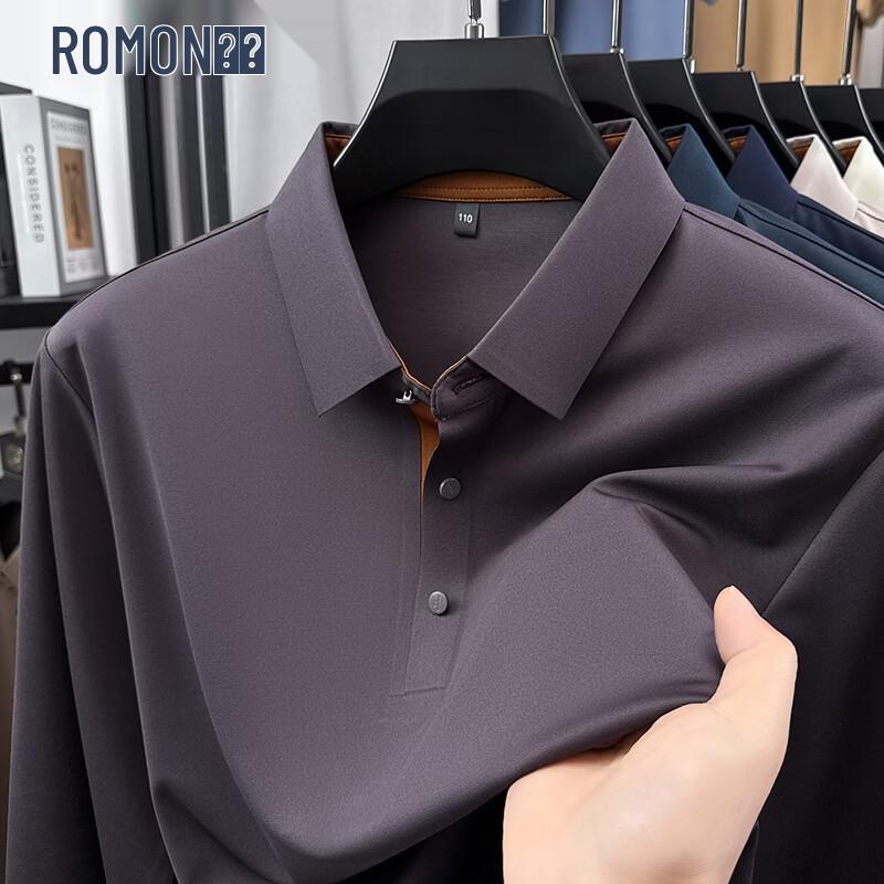 ROMON Men's Silk Blend Casual Long-Sleeve Polo Shirt