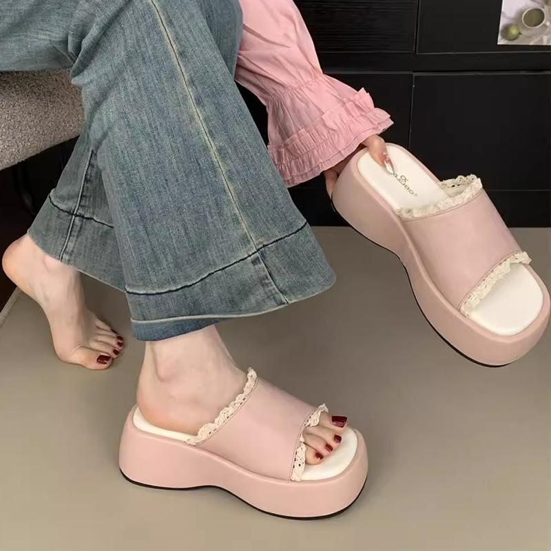 French Thick Heel Women's Open-Toe Summer Outdoor Lace Trim Sweet Slippers Rubber Sole Microfiber Material Ladies Slippers