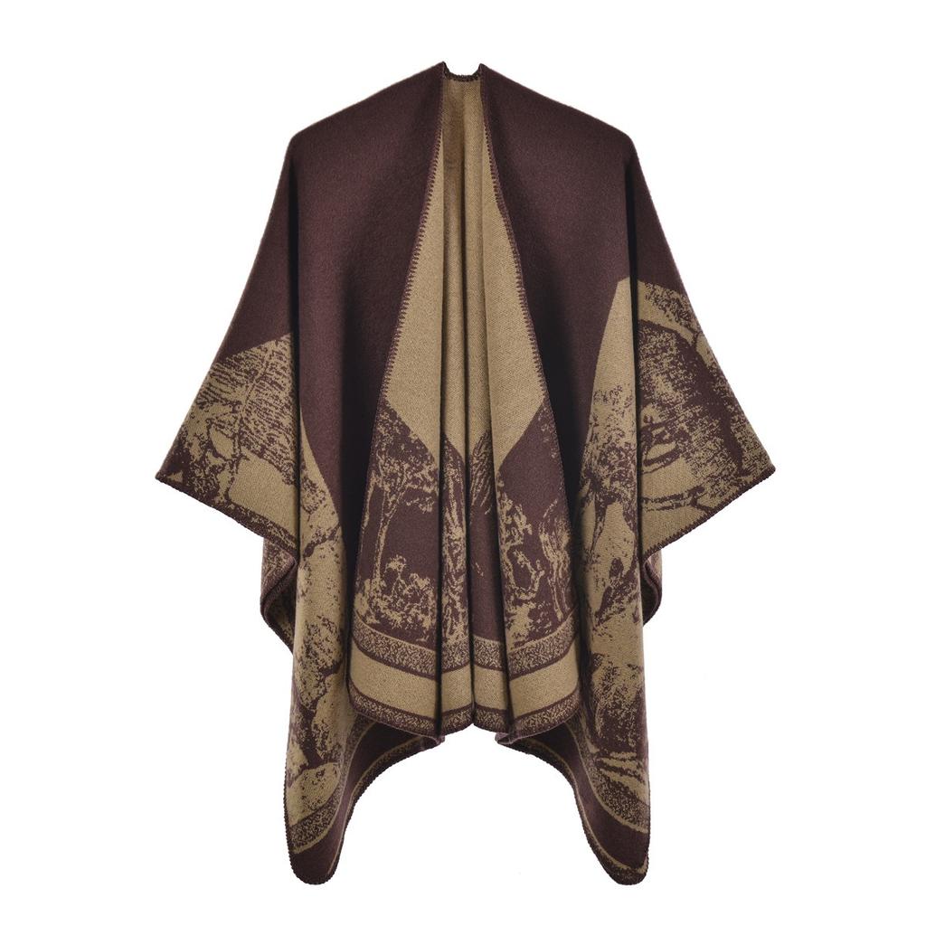 Fular de Toamnă și Iarnă, Șal de Călătorie Versatil în Carouri pentru Femei, Pelerină Groasă Despicată Stil Etnic din Cașmir Imitație