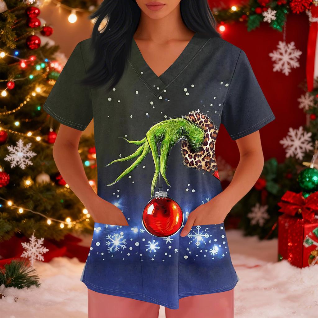 Women's Loose Short Sleeved Fashionable Tooth Pattern Printing V-neck Buttonable Side Slit Top T-shirt