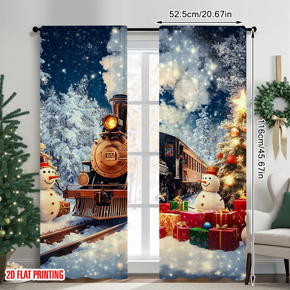 2pcs 2D flat printing Christmas Drapes Day Christmas Train Scene Fabric Without Electricity Party Decorations Perfect for