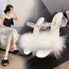 Two crystal thick heel fluffy cool slippers women's summer 2025 new one-word strap with skirt high heels