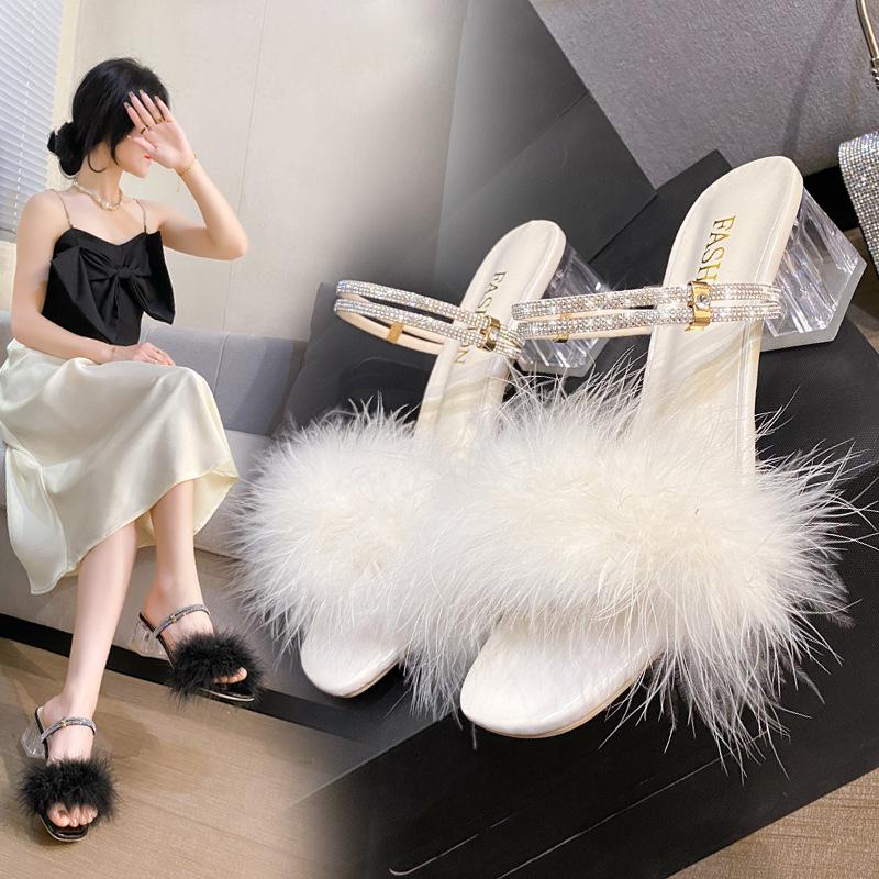 Two Crystal Thick Heel Fluffy Cool Slippers Women's Summer 2025 New One-word Strap with Skirt High Heels