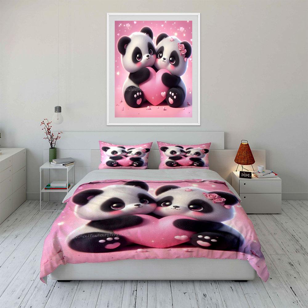 3Pcs Cute Pandas Hugging Pink Heart Duvet Cover Set With 3D Printing Design Soft Polyester Bedding Set All-Season Comfort