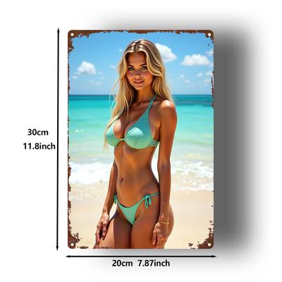 HD Metal Tin Sign Stunning Blonde In Turquoise Bikini Posing On Tropical Beach Vintage Wall Art Decor for Home Bar Man Cave Retr