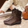 Western Style Pointed Toe Short Boots Women's Crumpled V-Notch Chunky Heel Ankle Boots Spring Autumn Fashionable Casual Boots