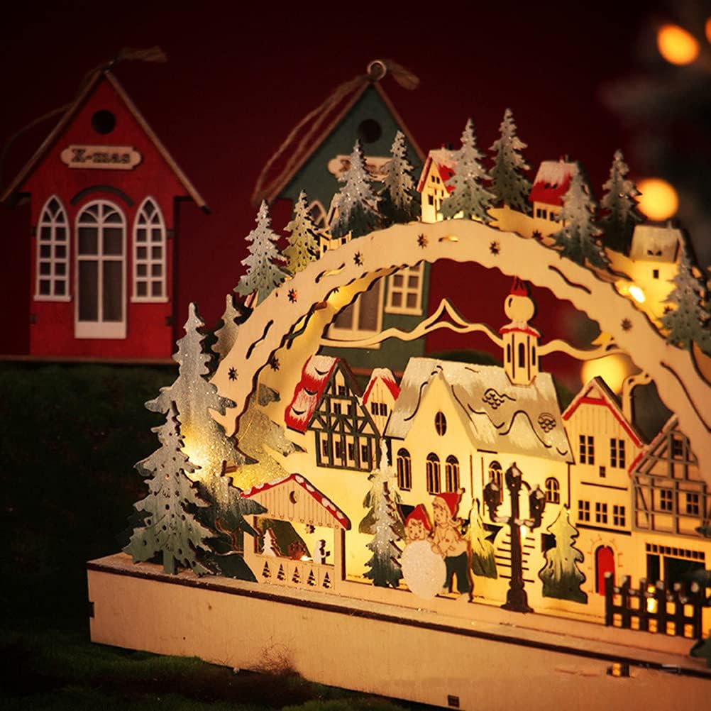 HEITIGN Christmas Decor 38 * 22 * 5CM LED Forest Scene Wooden Village for Mall Window Decorations