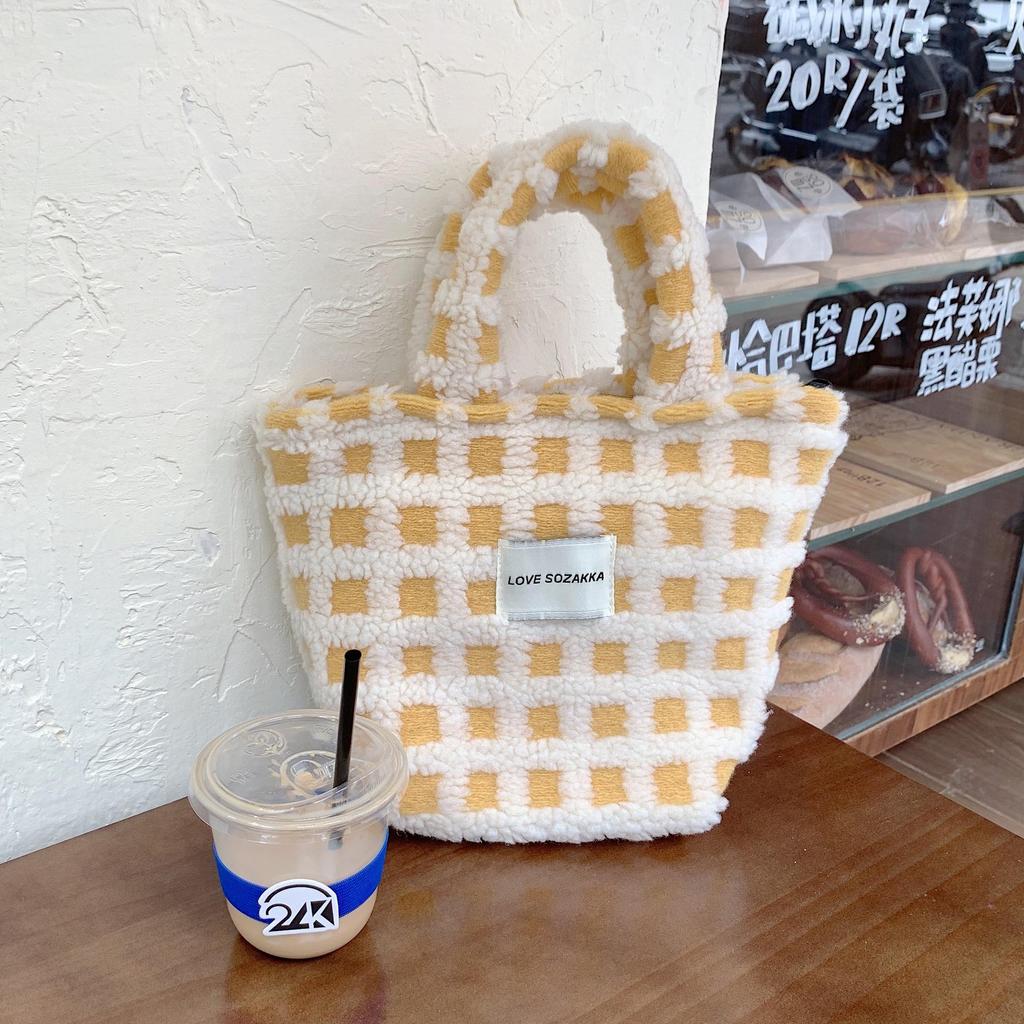 Jesienno-zimowa gofra z włosia jagnięcego Śliczna podręczna torba z grubej bawełny Damska przenośna torebka o dużej pojemności