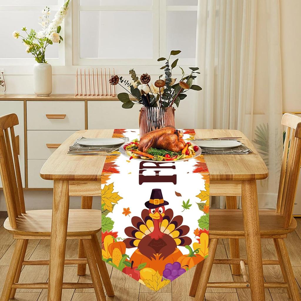 Friendsgiving Table Runner Thanksgiving Table Runner Pumpkin Maple LeavesTurkey Tablecover for Thanksgiving Friendsgiving Party Decorations 73x14inch
