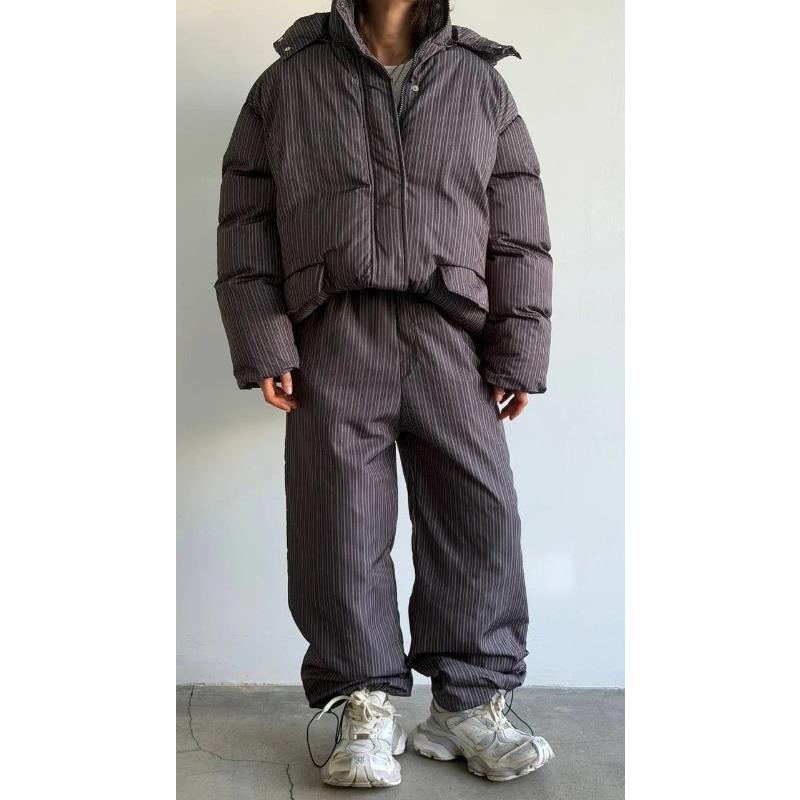 Women Loose Drawstring Striped Warm Thick Hooded Winter Puffer Coat