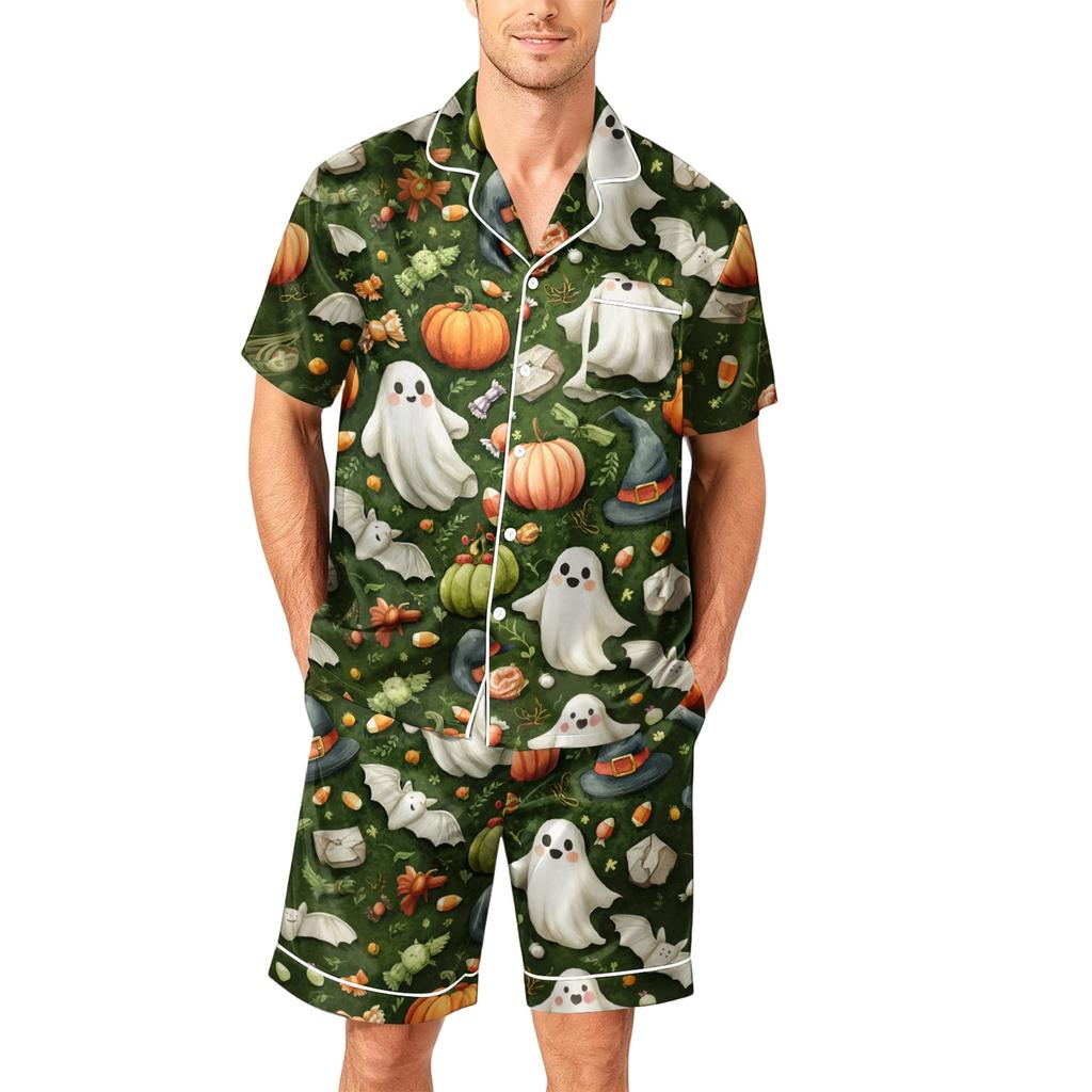 Men's Short Sleeve Pajama Set Button Down Shirt with Curved Hem and Matching Shorts Soft Casual Sleepwear S To XXXXL