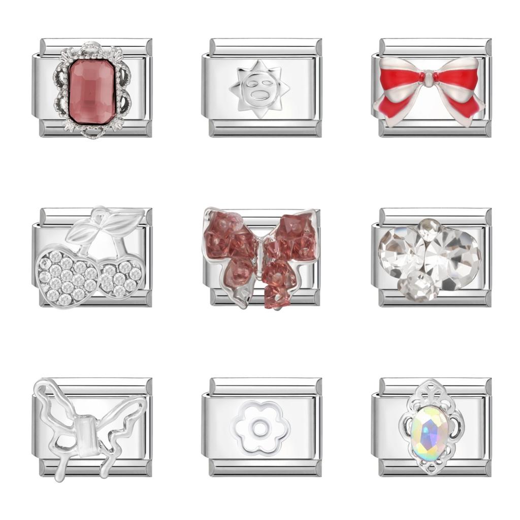 Y2K Zircon Cherry Bow Heart Butterfly Shiny Italian Charm Links Fit 9MM Bracelet Stainless Steel Jewelry DIY Making Jewelry