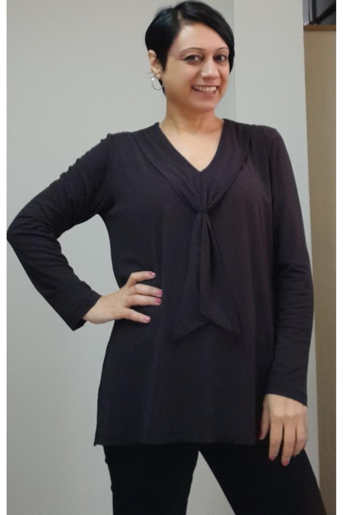 Damski Styl Duży Rozmiar T-Shirt Czarny Wygląd Szalika Czesana Wiskoza Długi Rękaw