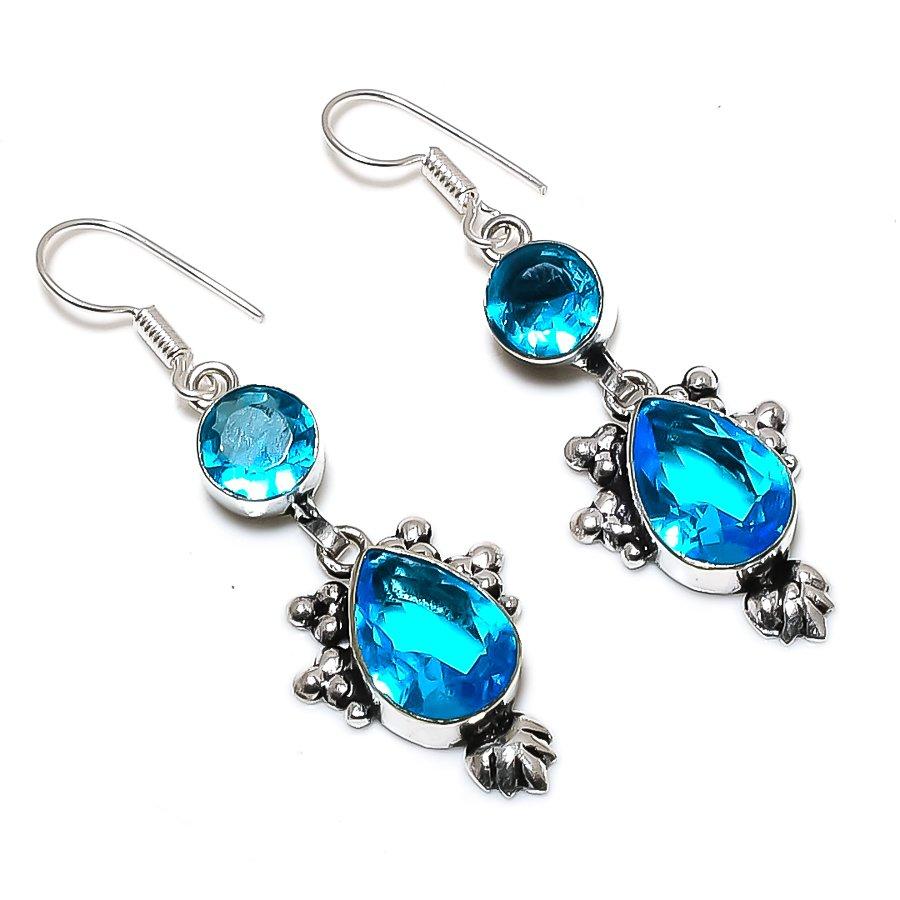 

Подарочные серьги ручной работы из стерлингового серебра 925 пробы с натуральным лондонским голубым топазом 2,05 дюйма O8I90