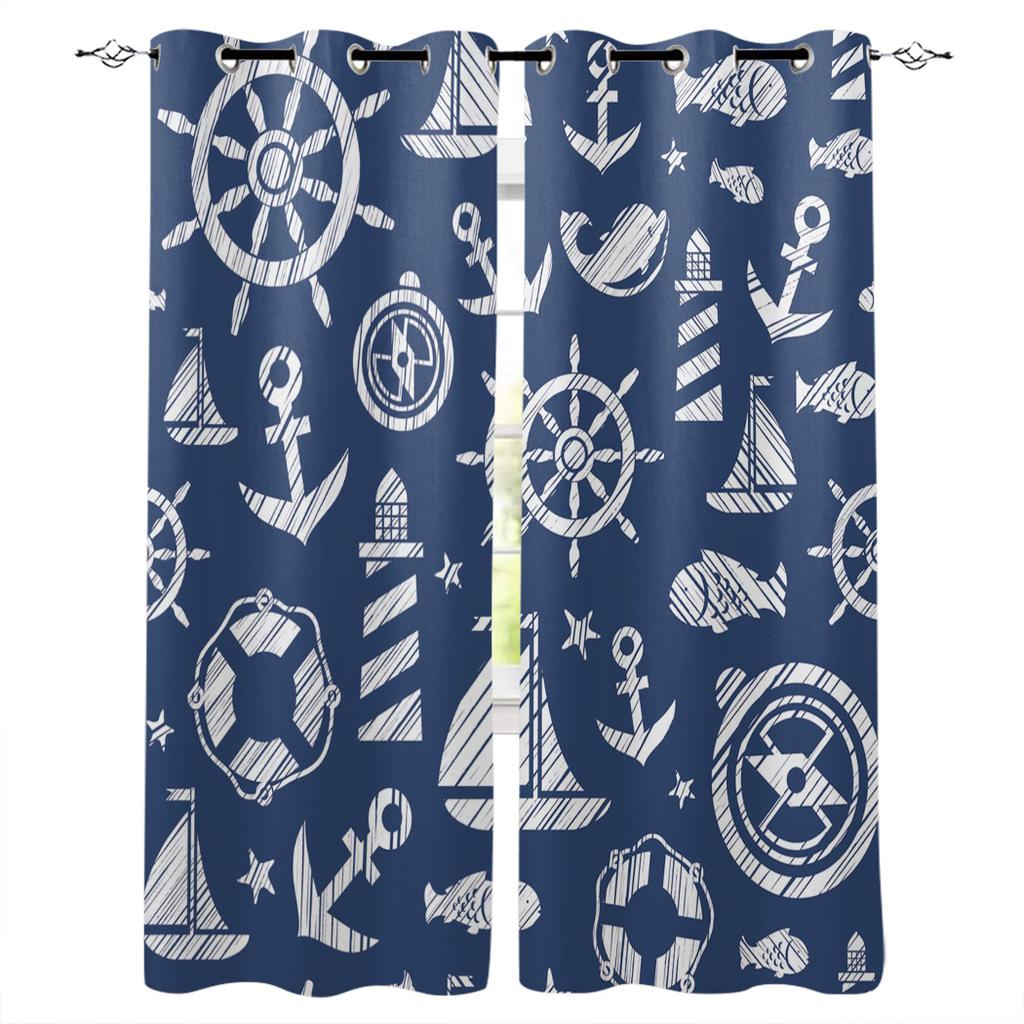 Tenda per Casa Ancora Blu Barca Pesce Camera da Letto Tende per Cucina Articoli Decorativi per Soggiorno Tende per Finestre per Soggiorno