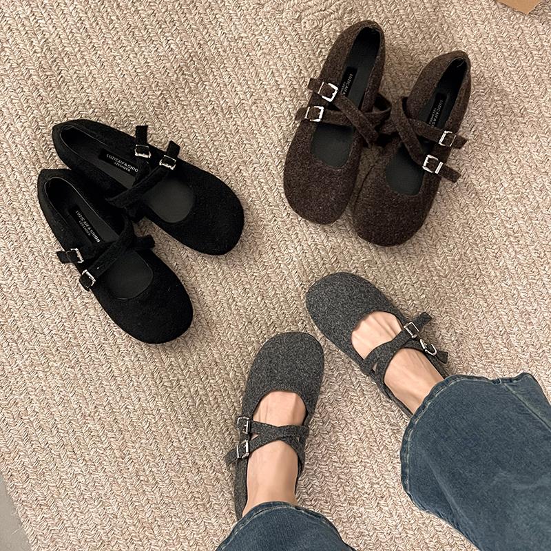 Square Toe Fleece Flet Ballet Flats Woman Winter Warm Wool Mary Jane Shoes Ladies Brand Design Elegant Plush Loafers